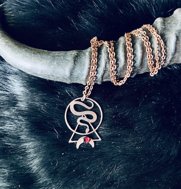 Copper Electroformed Snake and Moon Pendant with Garnet Gemstone