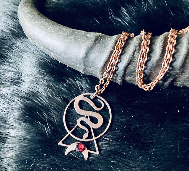 Copper Electroformed Snake and Moon Pendant with Garnet Gemstone