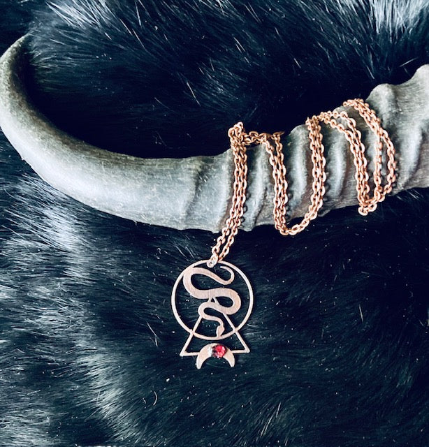 Copper Electroformed Snake and Moon Pendant with Garnet Gemstone
