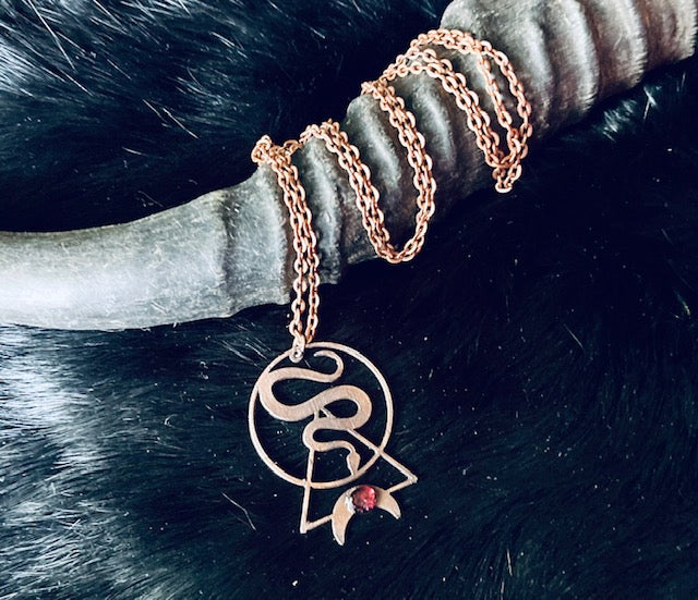 Copper Electroformed Snake and Moon Pendant with Garnet Gemstone