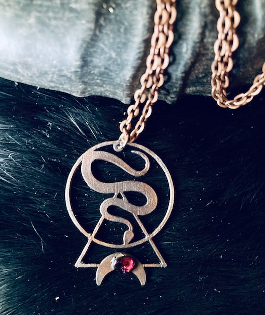 Copper Electroformed Snake and Moon Pendant with Garnet Gemstone