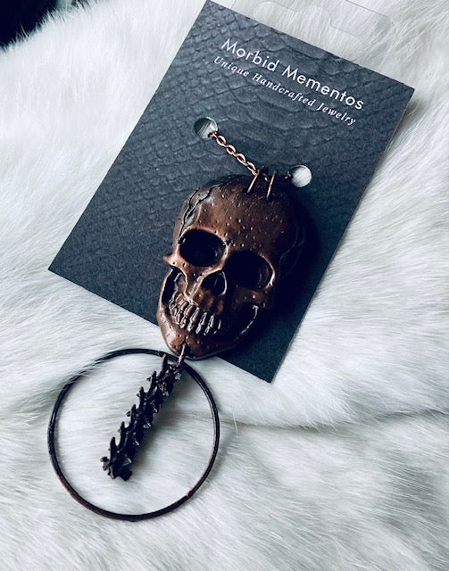 Copper Skull and Rattlesnake Spine Necklace