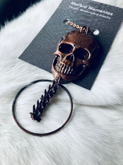Copper Skull and Rattlesnake Spine Necklace