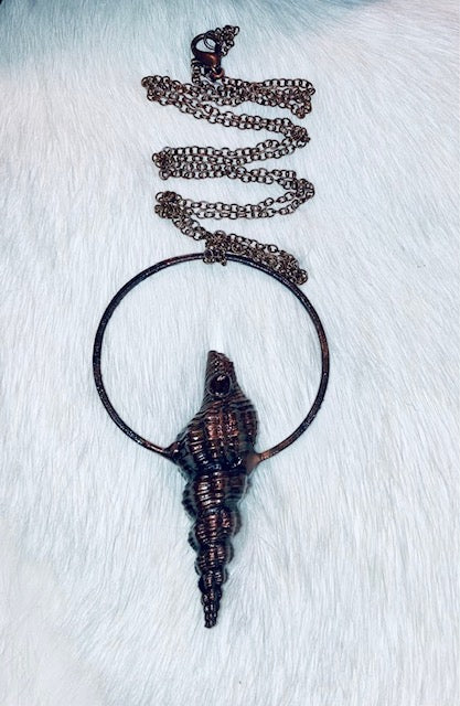 Real Spiral Seashell Pendant Electroformed in Copper with Garnet Gemstone