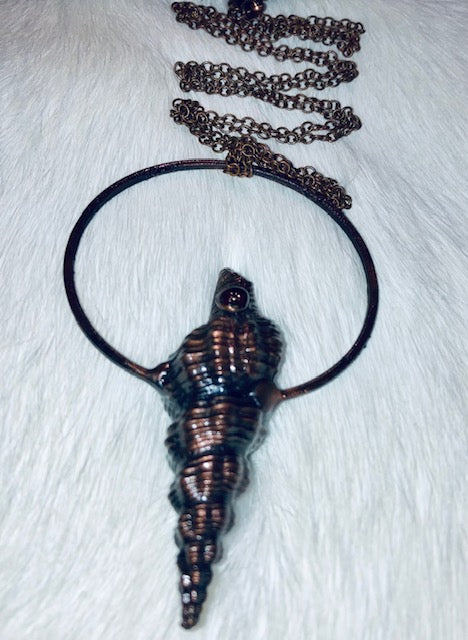 Real Spiral Seashell Pendant Electroformed in Copper with Garnet Gemstone