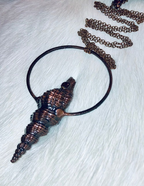 Real Spiral Seashell Pendant Electroformed in Copper with Garnet Gemstone