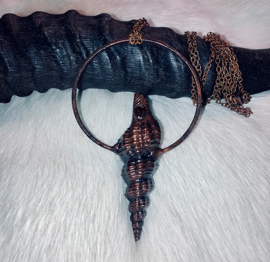 Real Spiral Seashell Pendant Electroformed in Copper with Garnet Gemstone