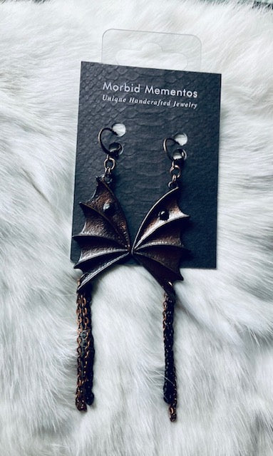 Copper Electroformed Batwing Earrings with Black Obsidian