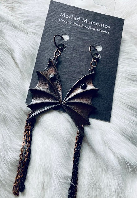 Copper Electroformed Batwing Earrings with Black Obsidian