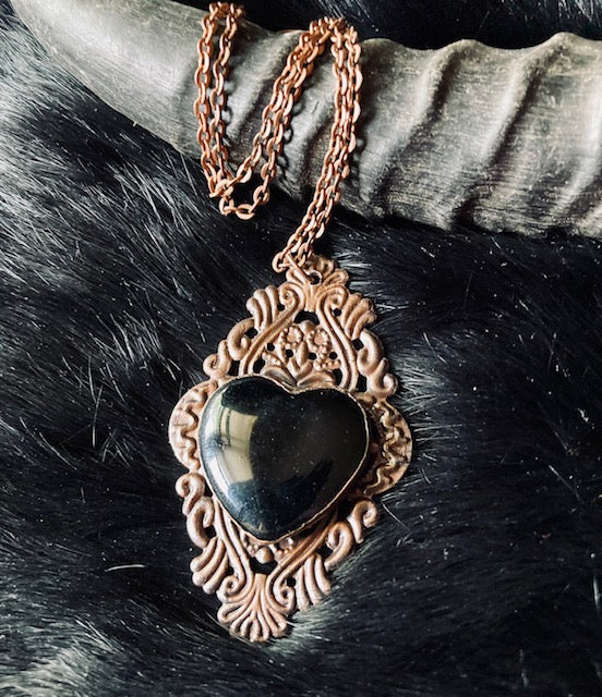 Black Obsidian Heart and Copper Pendant