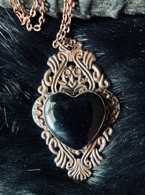 Black Obsidian Heart and Copper Pendant