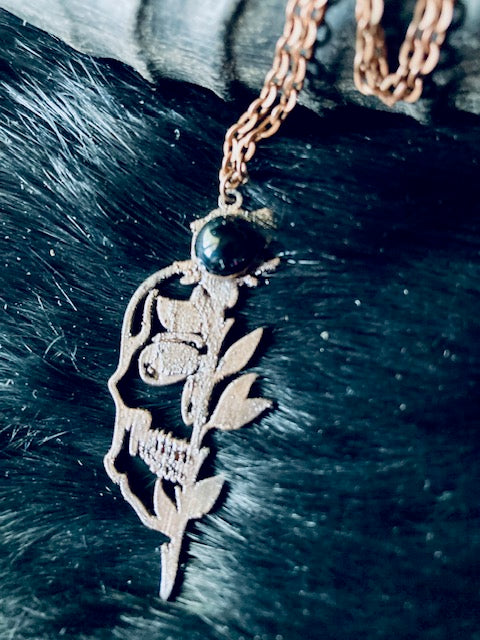 Copper Electroformed Skull and Rose with Black Obsidian Pendant