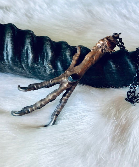 Real Electroformed Pigeon Foot Pendant with Black Obsidian